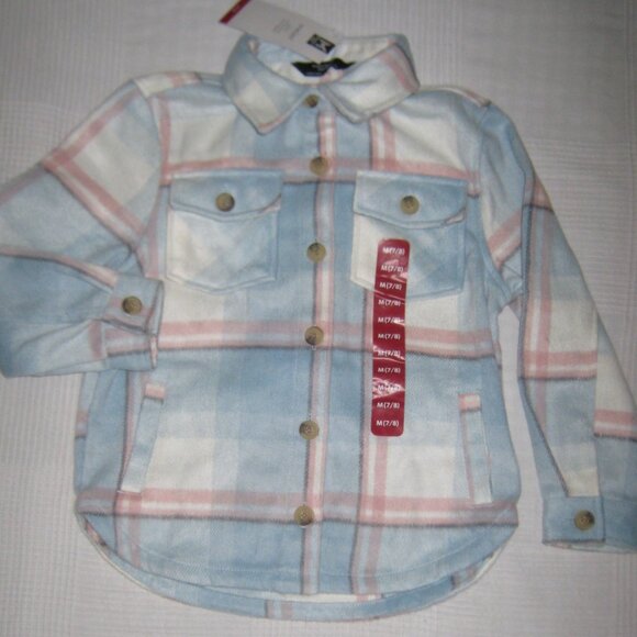 NWT Members Mark Girl's Relaxed Fit Plaid Shacket Blue Plaid Side Pockets M(7/8) - Picture 2 of 5